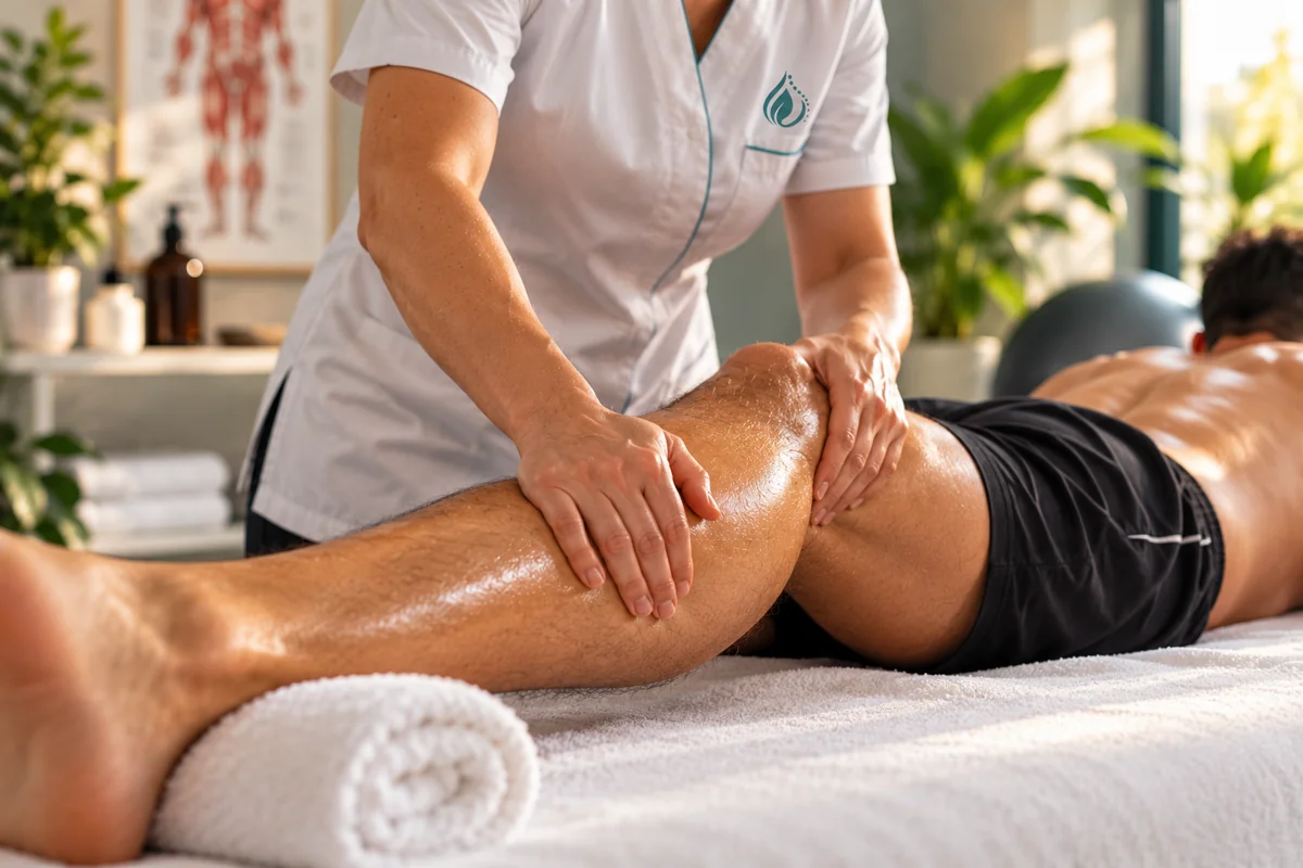 Massagem desportiva nos músculos da perna
